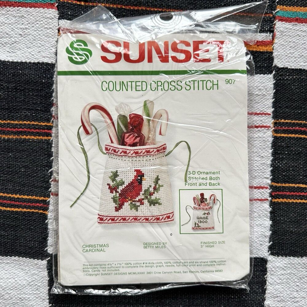 Vintage NIB Sunset Designs Counted Cross Stitch Kit. Christmas Cardinal. USA.
